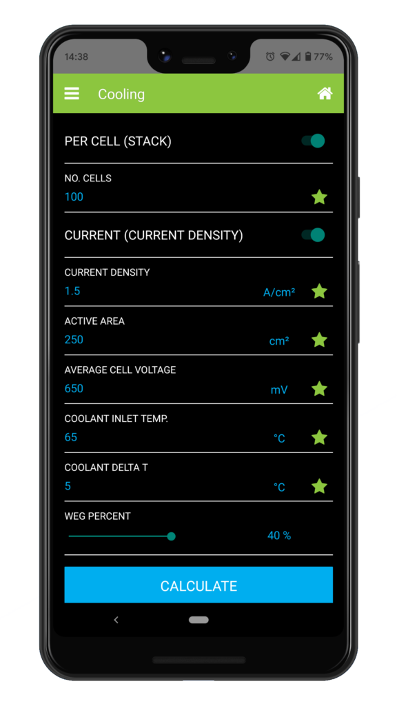 Fuel cell calculator app